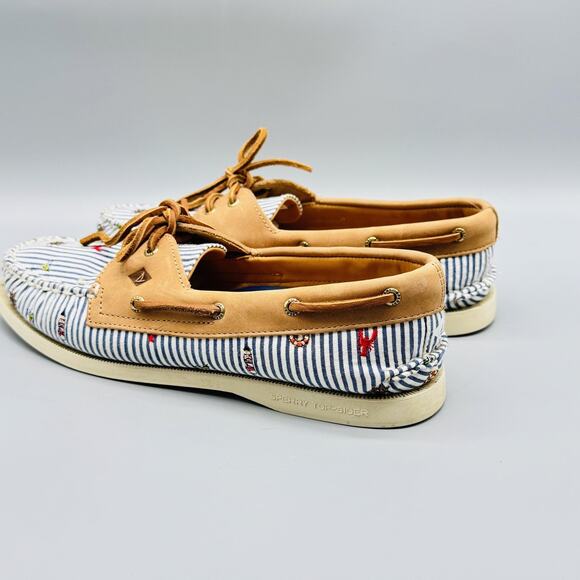 Sperry Shoes Womens 8.5 Blue White Stripe Leather Boat Nautical Embroidered - Picture 5 of 12